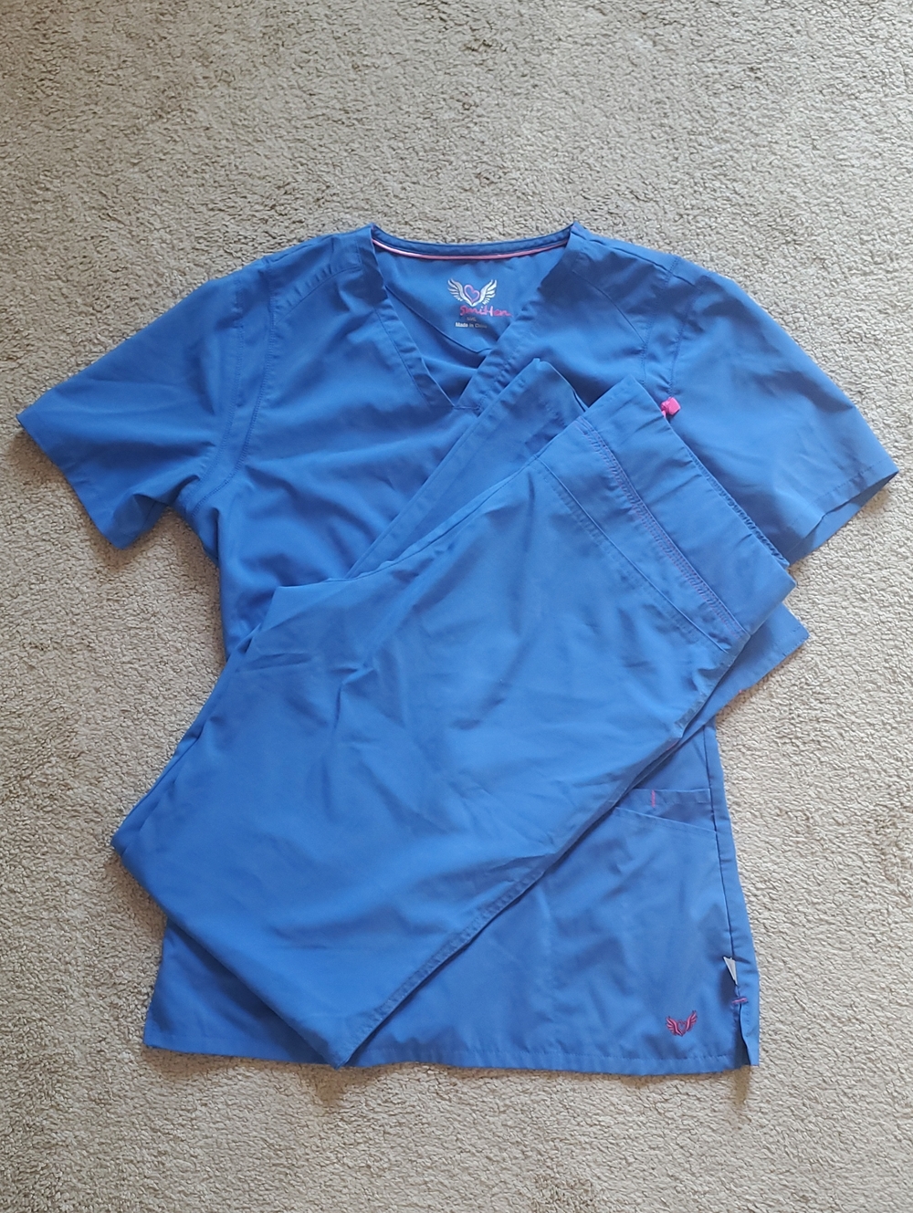 smitten Short Sleeve Scrub Top & Pants in Royal Blue with Pink Trim